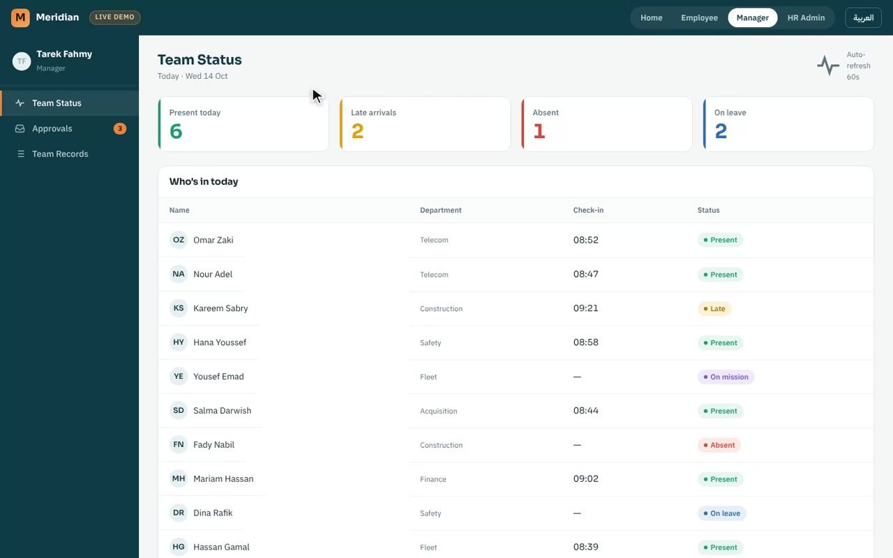 HR and attendance system screen with sample data